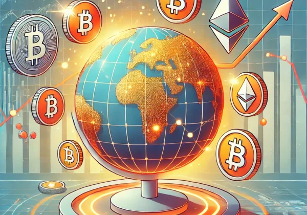 A cartoonish-style illustration representing the cryptocurrency market, featuring a digital globe with glowing with crypto icons