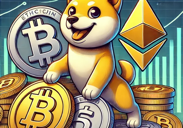 A cartoon-style digital illustration featuring Bitcoin, Ethereum, and Dogecoin symbols. The Bitcoin symbol is prominent in gold